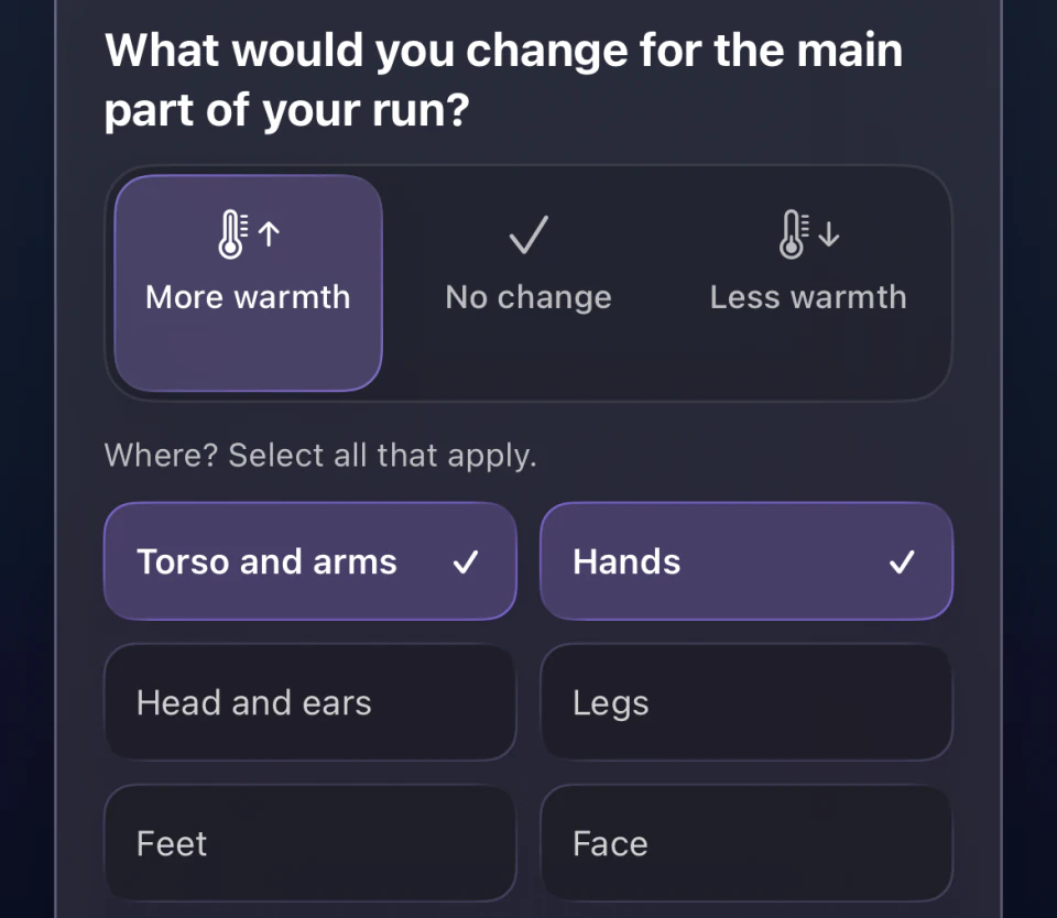 RunOutNow feedback with More warmth selected for torso, arms and hands, and separate choices for head, legs, feet and face.