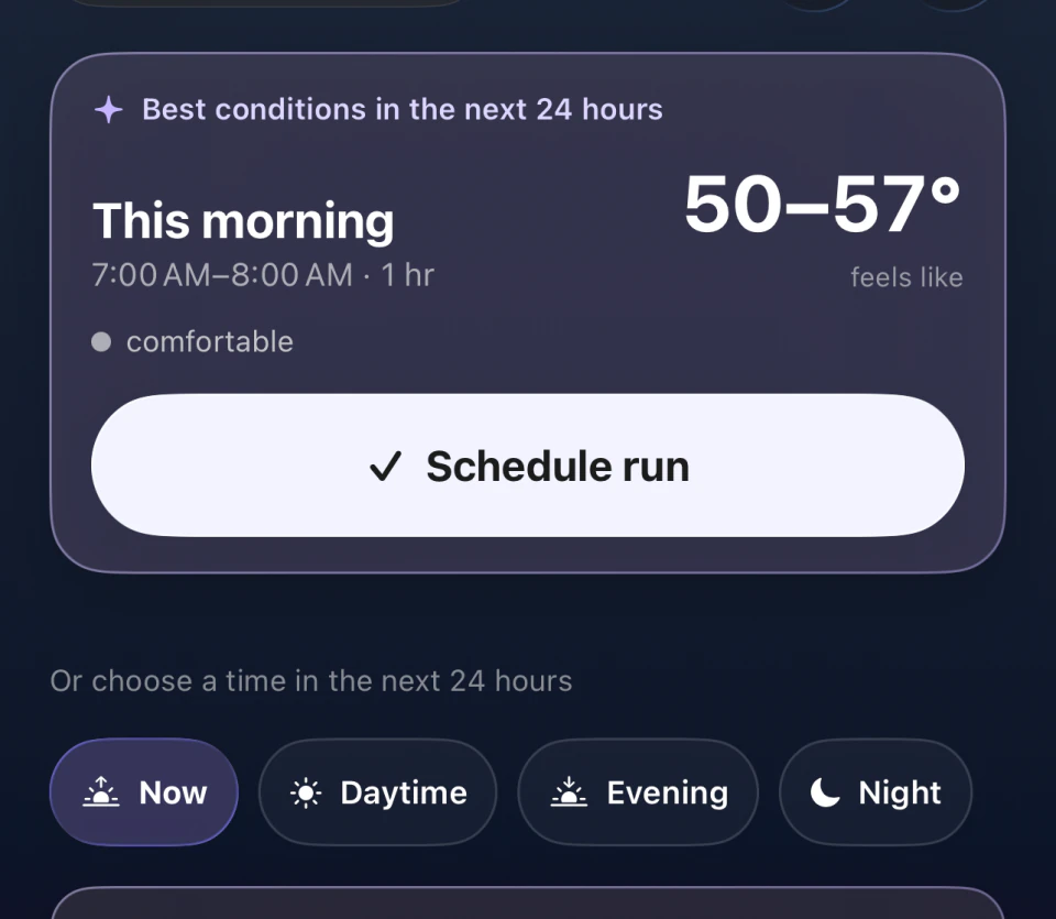 RunOutNow suggesting a 7–8 AM run with a feels-like temperature of 50–57°F and showing other times of day.