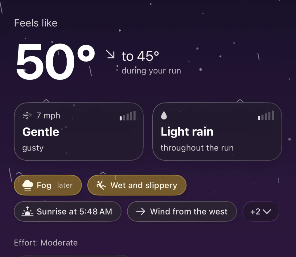 RunOutNow showing cooling during a run, light rain, fog and wet, slippery conditions.