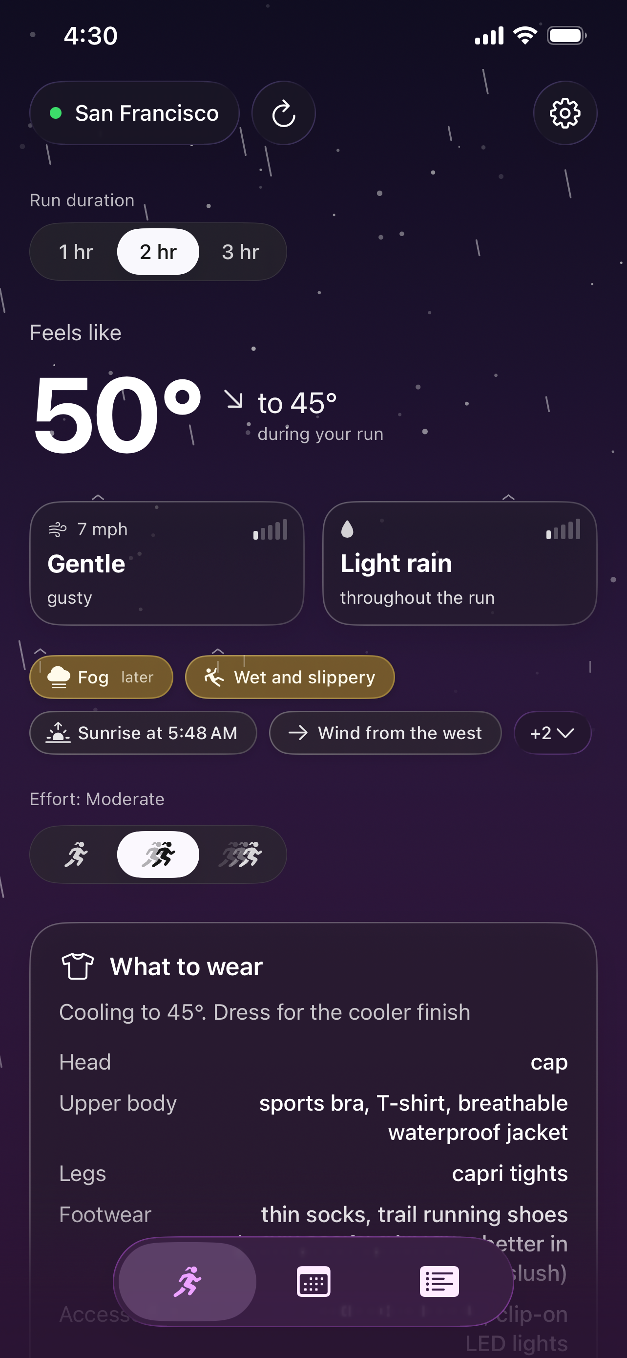 RunOutNow showing a San Francisco run cooling from 50° to 45°, with clothing suggestions for the cooler finish.