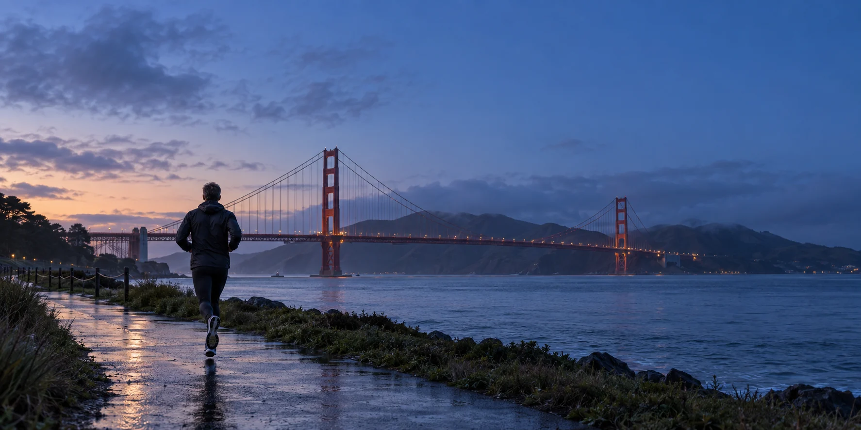 A runner on a wet San Francisco waterfront path with the Golden Gate Bridge across the bay.