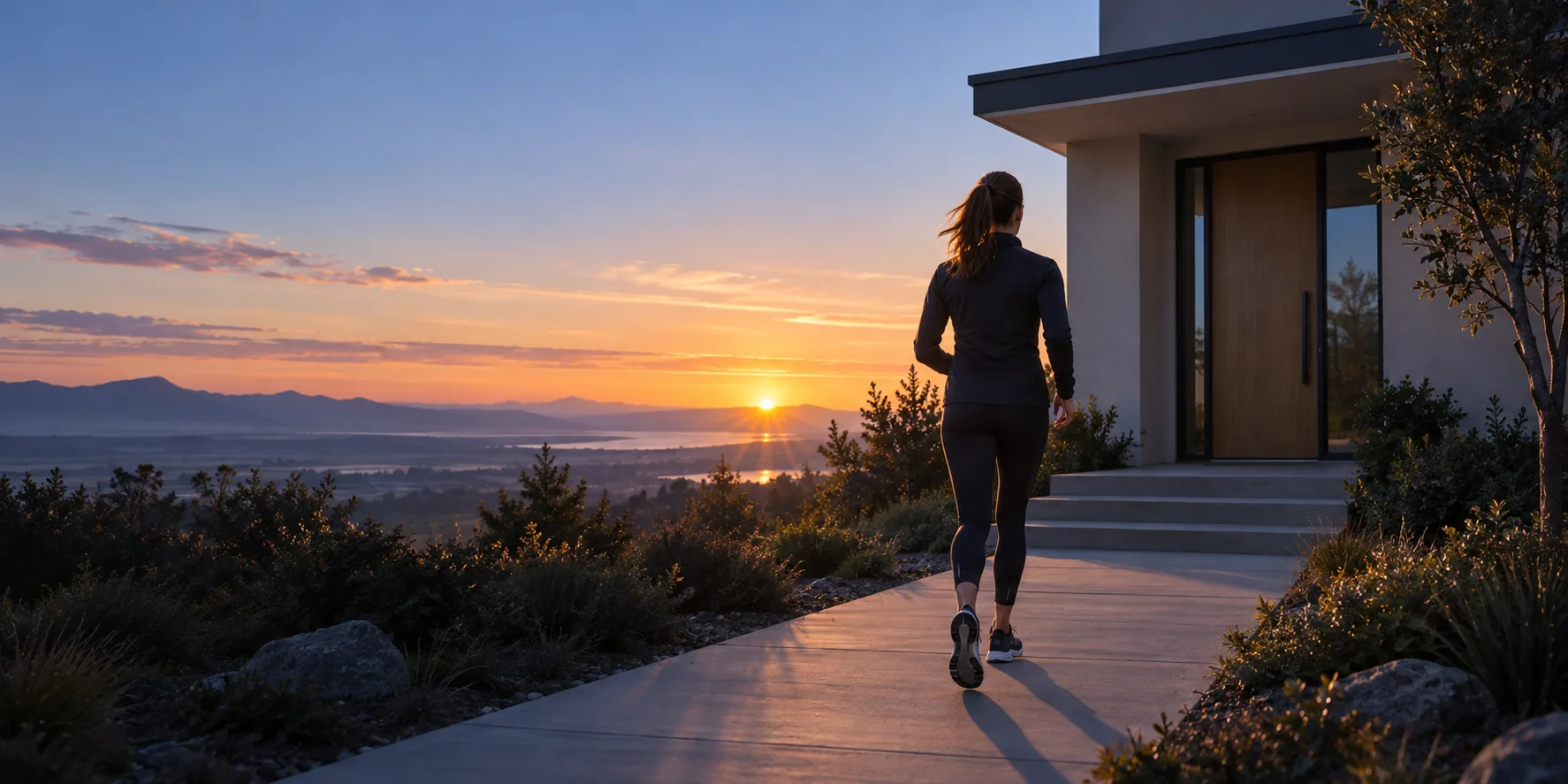 A woman returns home from a run.