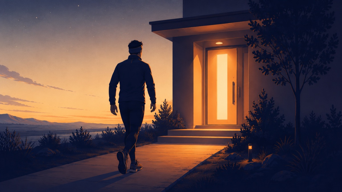 A runner returns home as the sun comes up.