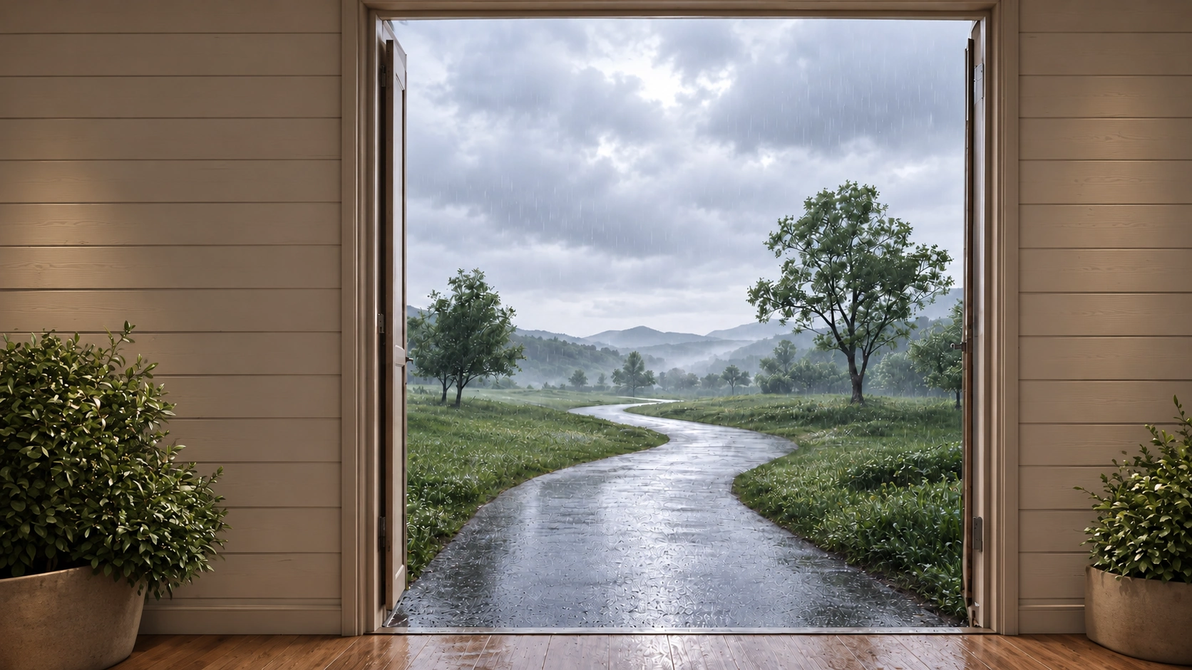 An open door in a softly lit entryway, looking onto a quiet path at daybreak