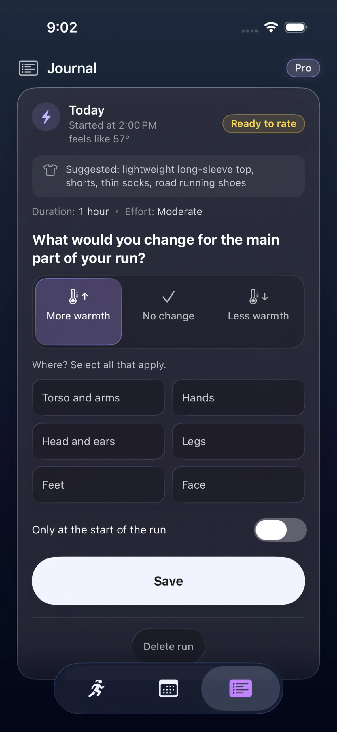 RunOutNow Journal rating screen with More warmth selected, six body-area choices, an Only at the start of the run toggle, and the saved advice above the question.