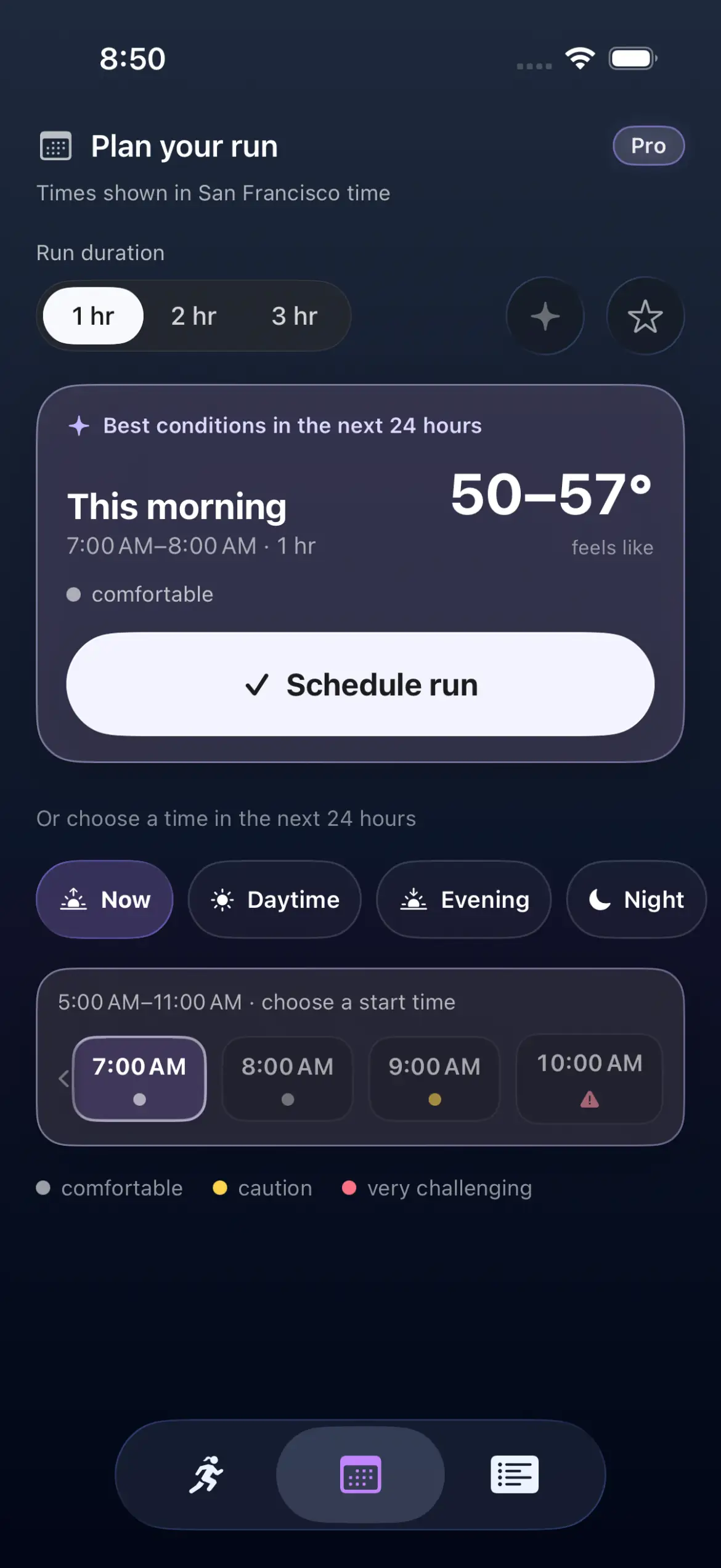 RunOutNow Plan screen for San Francisco: one hour selected, four day parts, the hourly strip, and the best window at 7 to 8 AM with feels like 50 to 57 degrees.