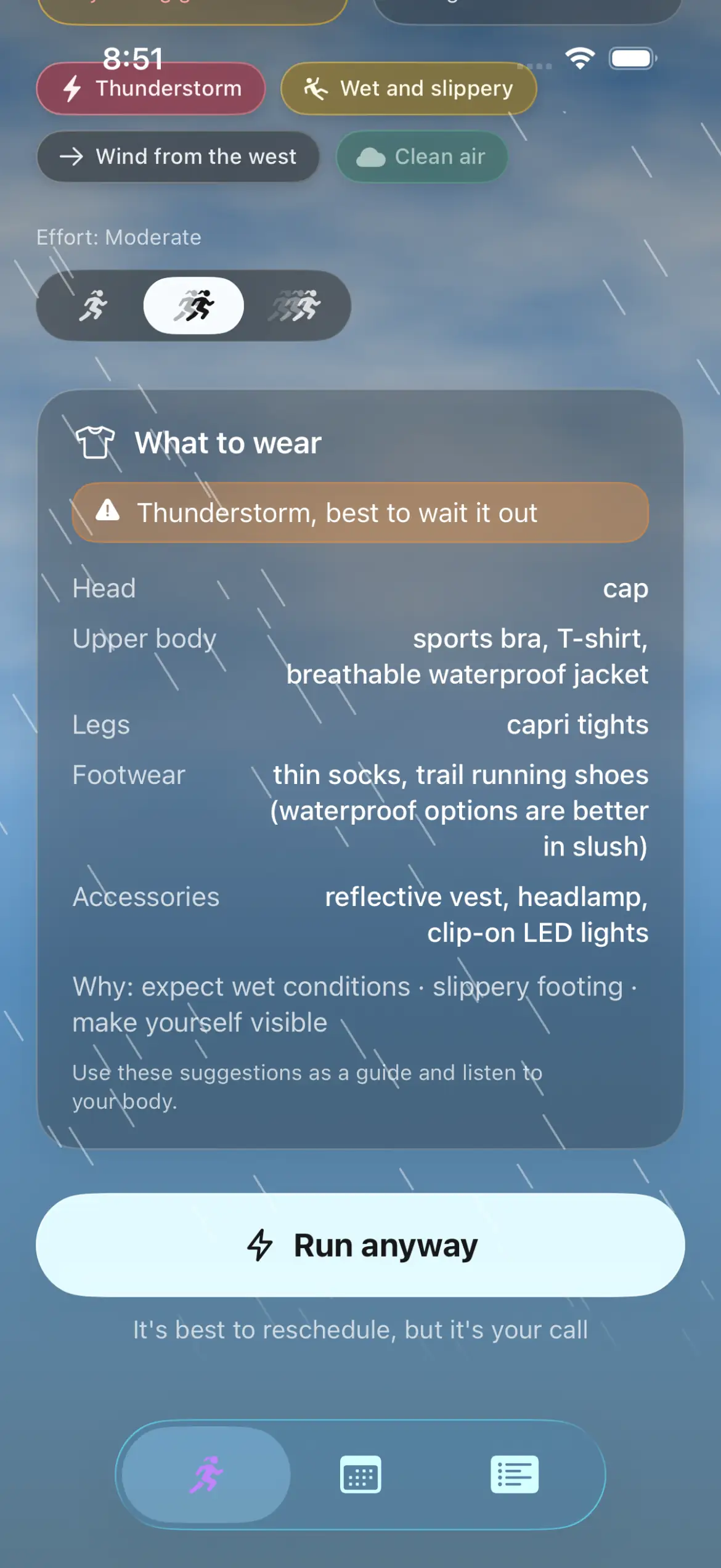 The same storm screen scrolled to the outfit: cap, sports bra, T-shirt and waterproof jacket, capri tights, trail shoes, reflective vest, headlamp and clip-on lights, with the Run anyway button above the line it is best to reschedule, but it is your call.