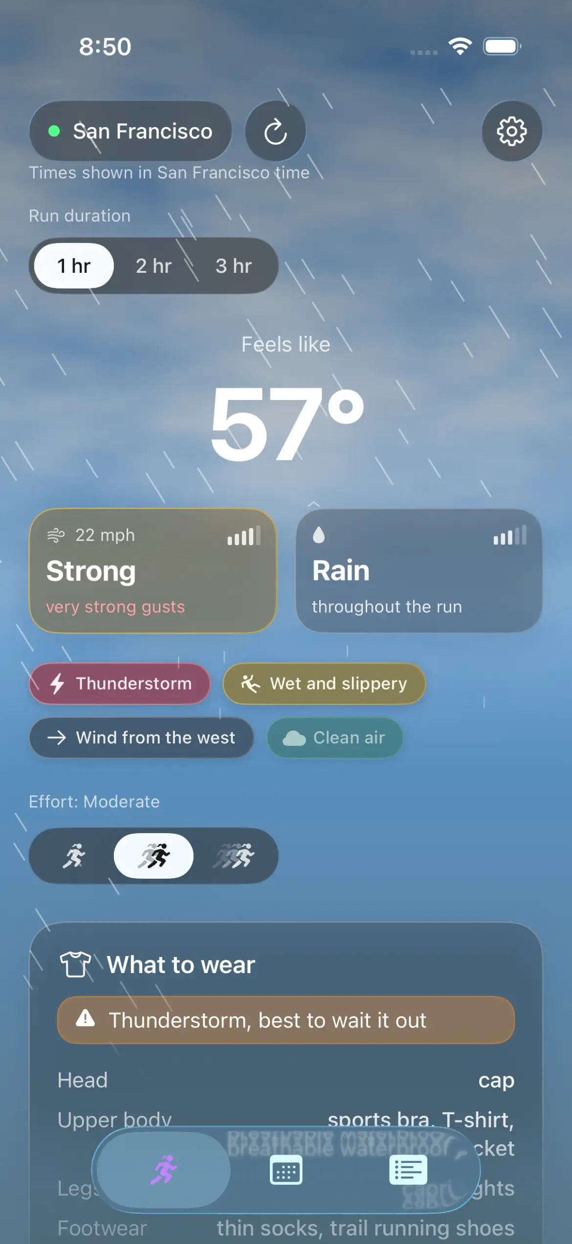 RunOutNow Now screen in a thunderstorm: a strong 22 mph wind with very strong gusts, rain throughout the run, a red Thunderstorm chip, and the banner reading Thunderstorm, best to wait it out.