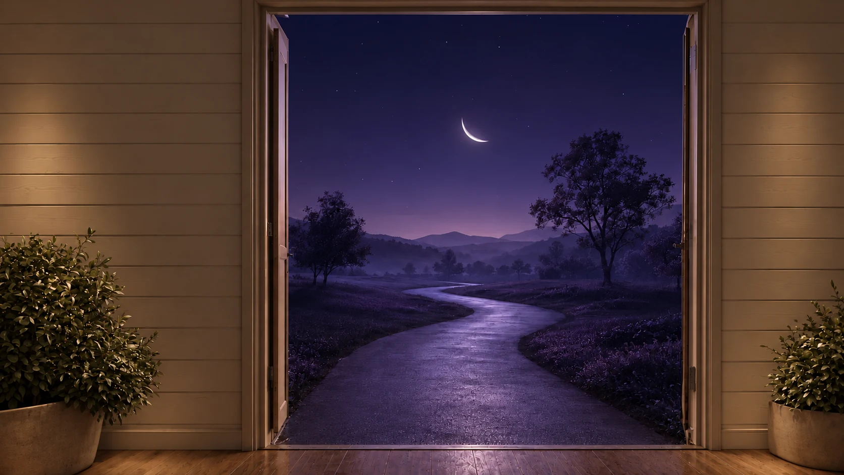 An open door looking onto a moonlit path.