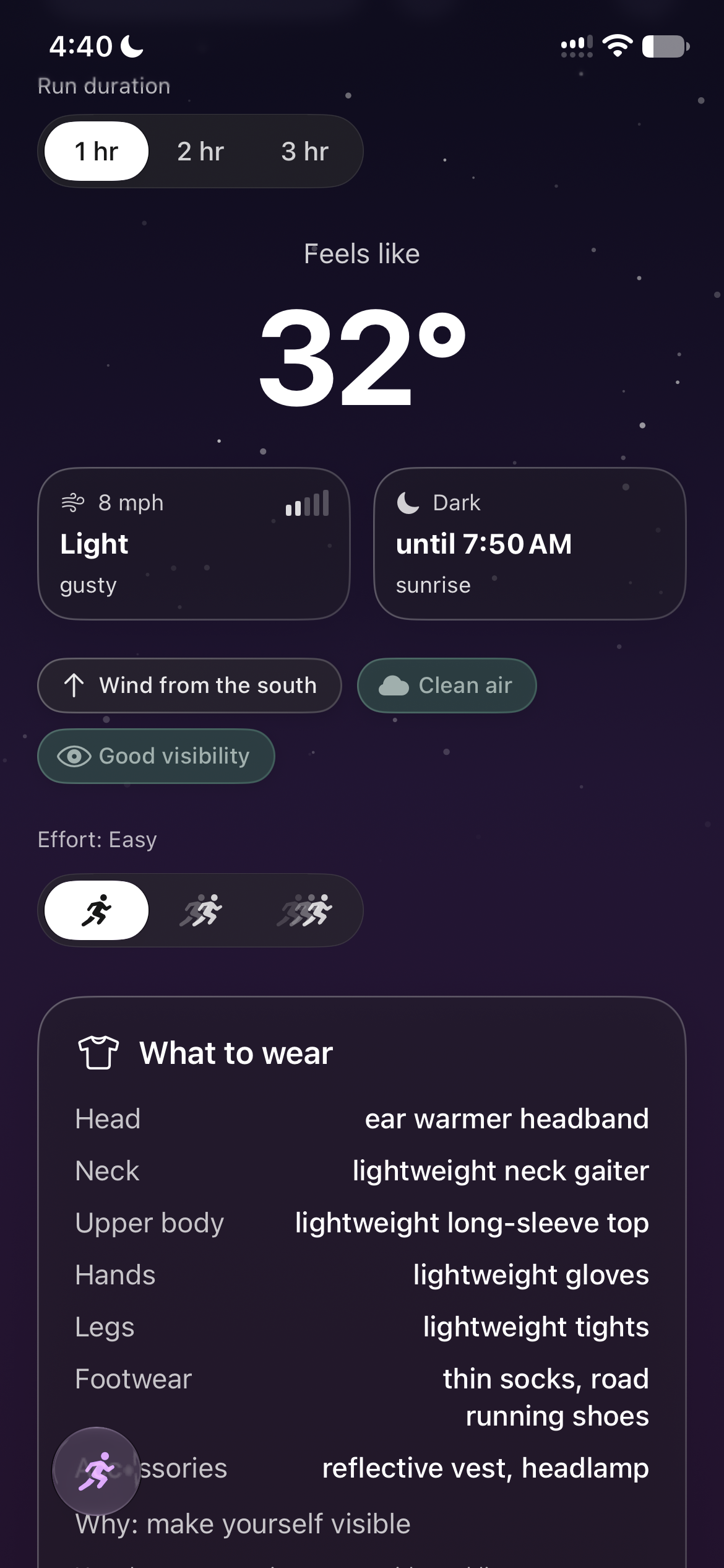 RunOutNow outfit advice for Easy effort and a one-hour window, showing feels like 32 degrees, wind 8 mph, and clothing from headband to shoes.