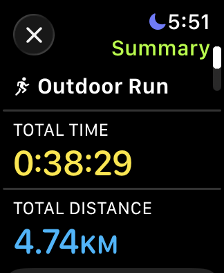 Apple Watch Outdoor Run summary showing total time 38 minutes 29 seconds and total distance 4.74 kilometers.