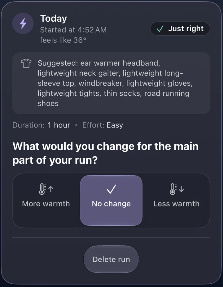 RunOutNow journal entry showing Just right and No change selected, with the saved outfit and one-hour advice window.