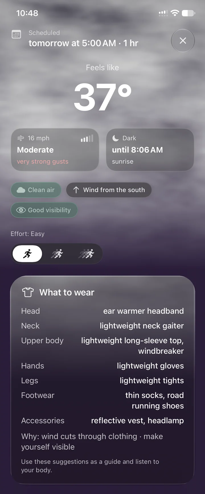 Joined evening-before RunOutNow plan for 5 a.m.: feels like 37 degrees Fahrenheit, 16 mph wind, very strong gusts, and the complete Easy-effort outfit.
