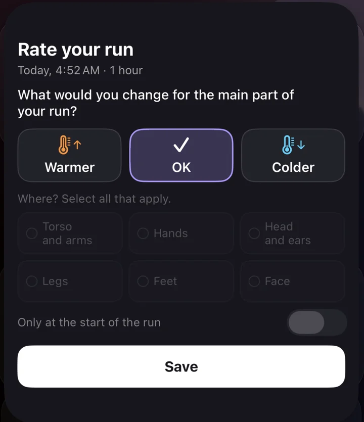 Expanded RunOutNow rating notification with OK selected and the Save button available.
