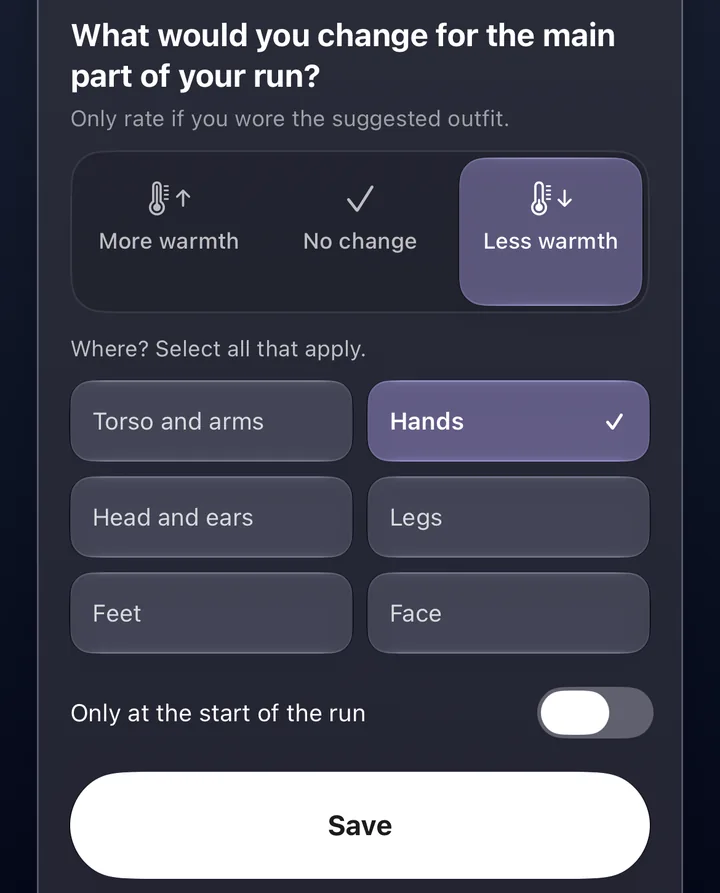RunOutNow calibration form with Less warmth and Hands selected. Other available areas are torso and arms, head and ears, legs, feet, and face. Only at the start of the run is off, and Save is available.