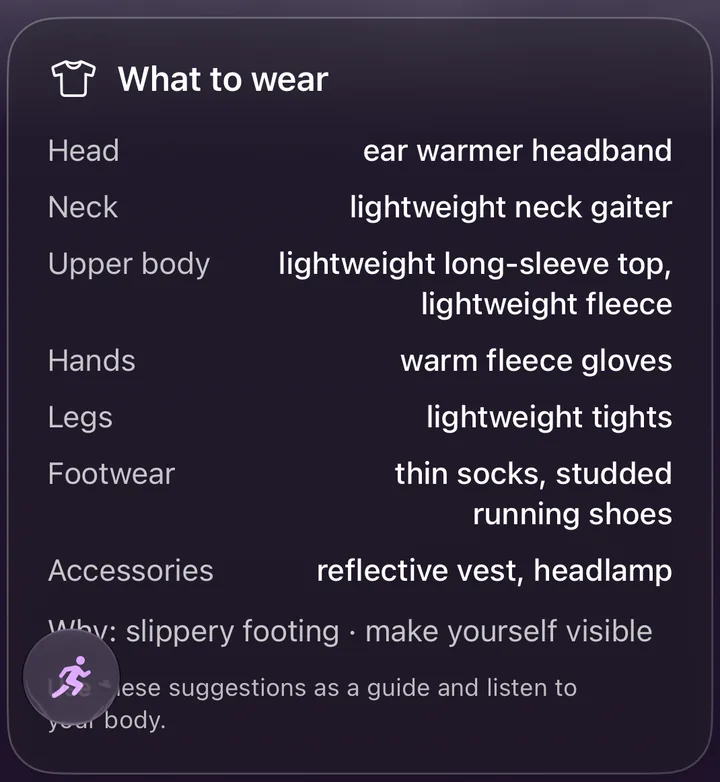 Pre-run outfit: ear warmer headband, lightweight neck gaiter, lightweight long-sleeve top and fleece, warm fleece gloves, lightweight tights, thin socks and studded running shoes, reflective vest and headlamp.