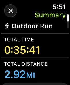 Apple Watch Outdoor Run summary showing total time 35 minutes 41 seconds and total distance 2.92 miles.