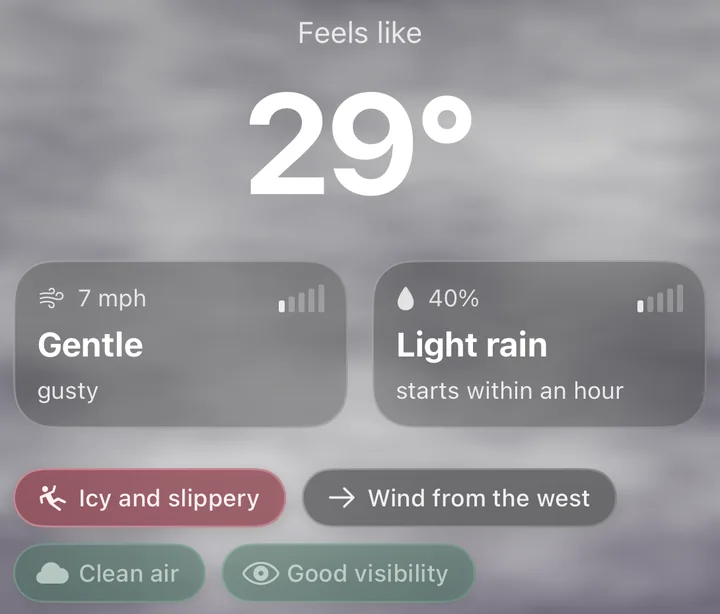 Pre-run RunOutNow forecast: feels like 29 degrees Fahrenheit, 7 mph wind, 40 percent chance of light rain starting within an hour, and an icy and slippery footing warning.