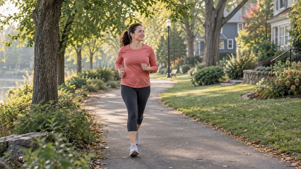 A woman returning to running on a quiet park path.