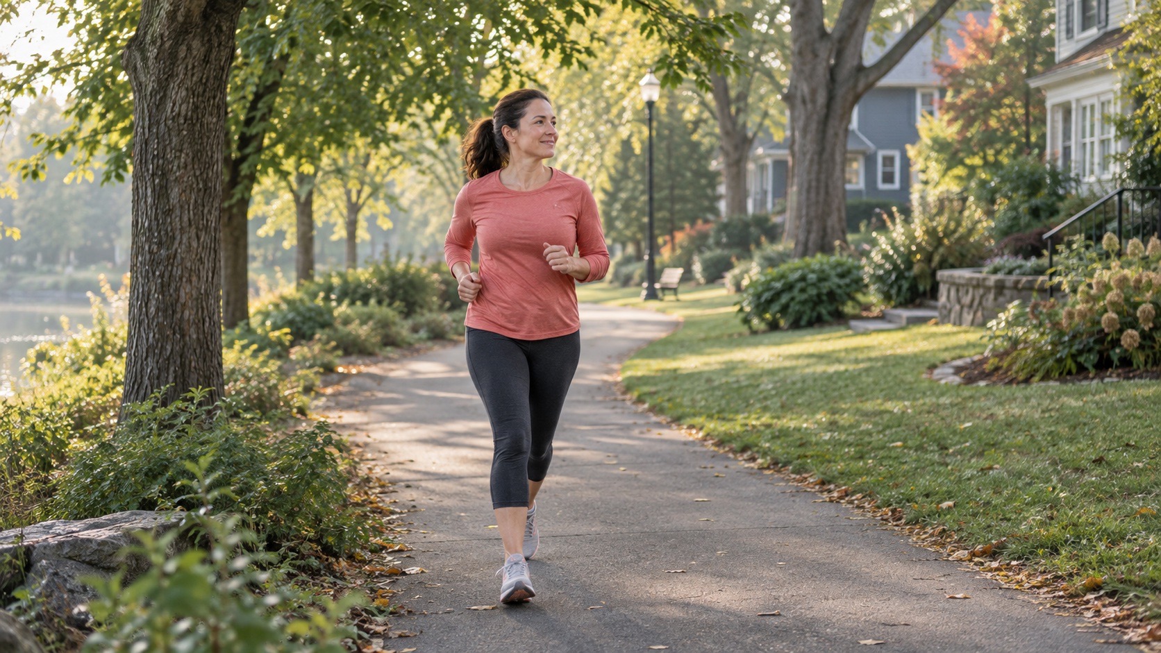 A woman returning to running on a quiet park path.
