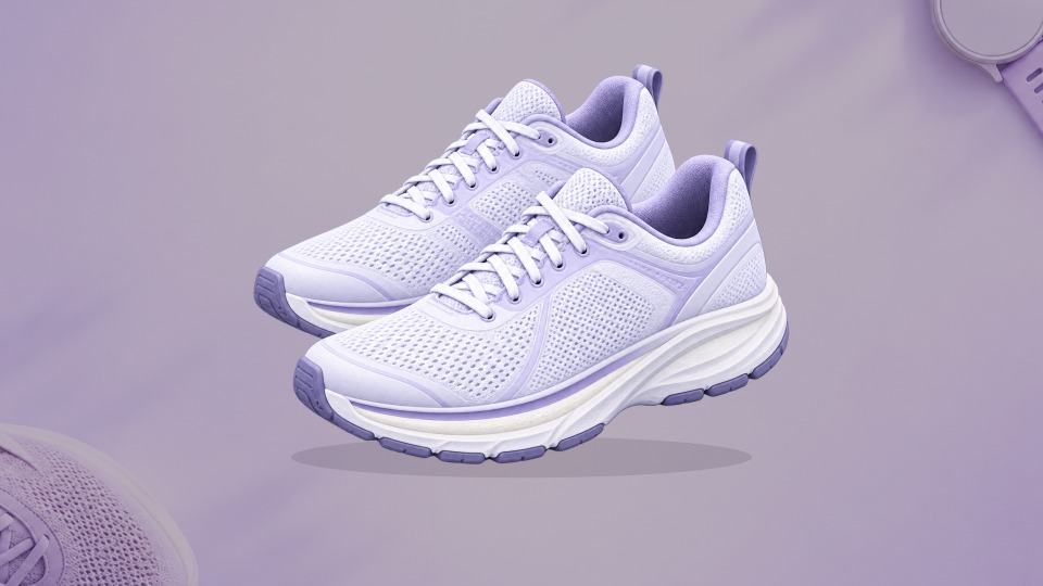A centered pair of white and lavender running shoes showing their mesh uppers, laces, and foam soles.