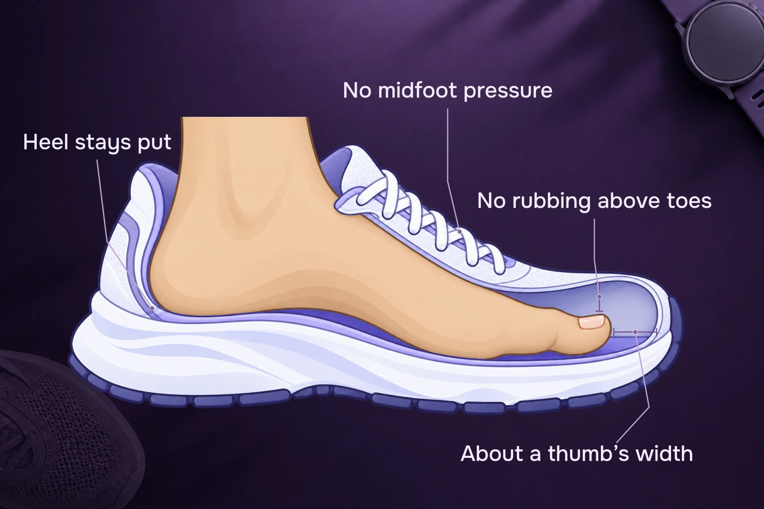Running-shoe cutaway showing four fit checks: a heel held snugly, no pressure over the midfoot, about a thumb's width beyond the longest toe, and space above the toes so they do not rub the upper.