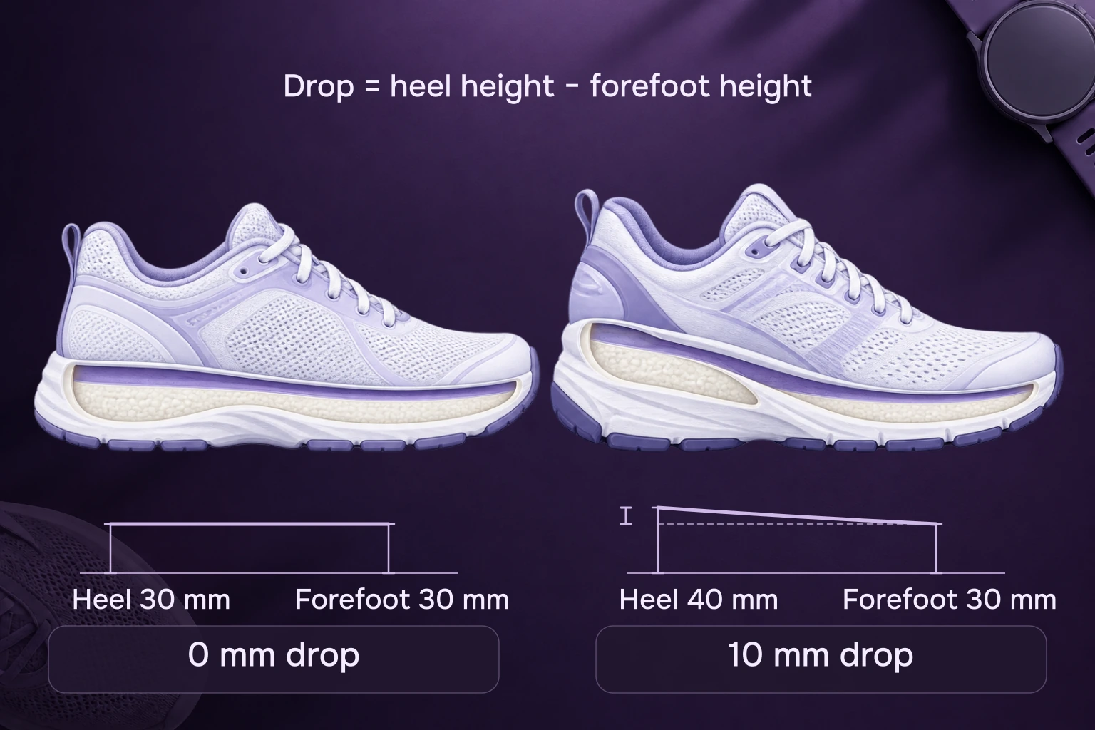 Two lifelike running-shoe examples above separate support-height diagrams: a 30-millimeter heel and forefoot give zero drop; a 40-millimeter heel and 30-millimeter forefoot give 10 millimeters of drop.