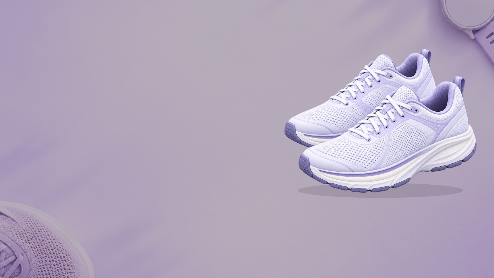 A pair of white and lavender running shoes with mesh uppers and sculpted foam soles, arranged on the right of a lavender background.