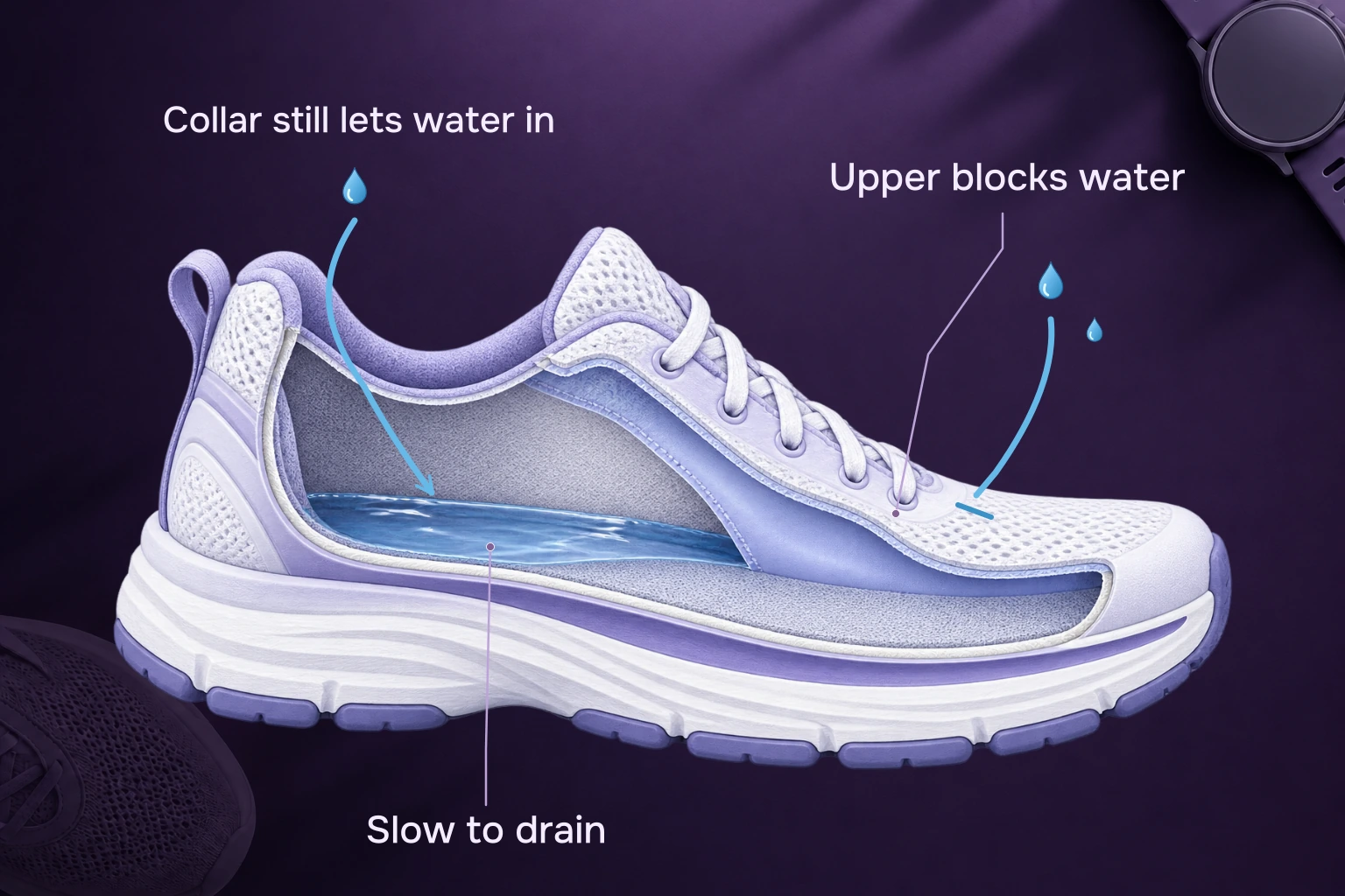 Waterproof-shoe cutaway: a membrane blocks droplets through the upper, while water entering over the collar remains inside and drains slowly.