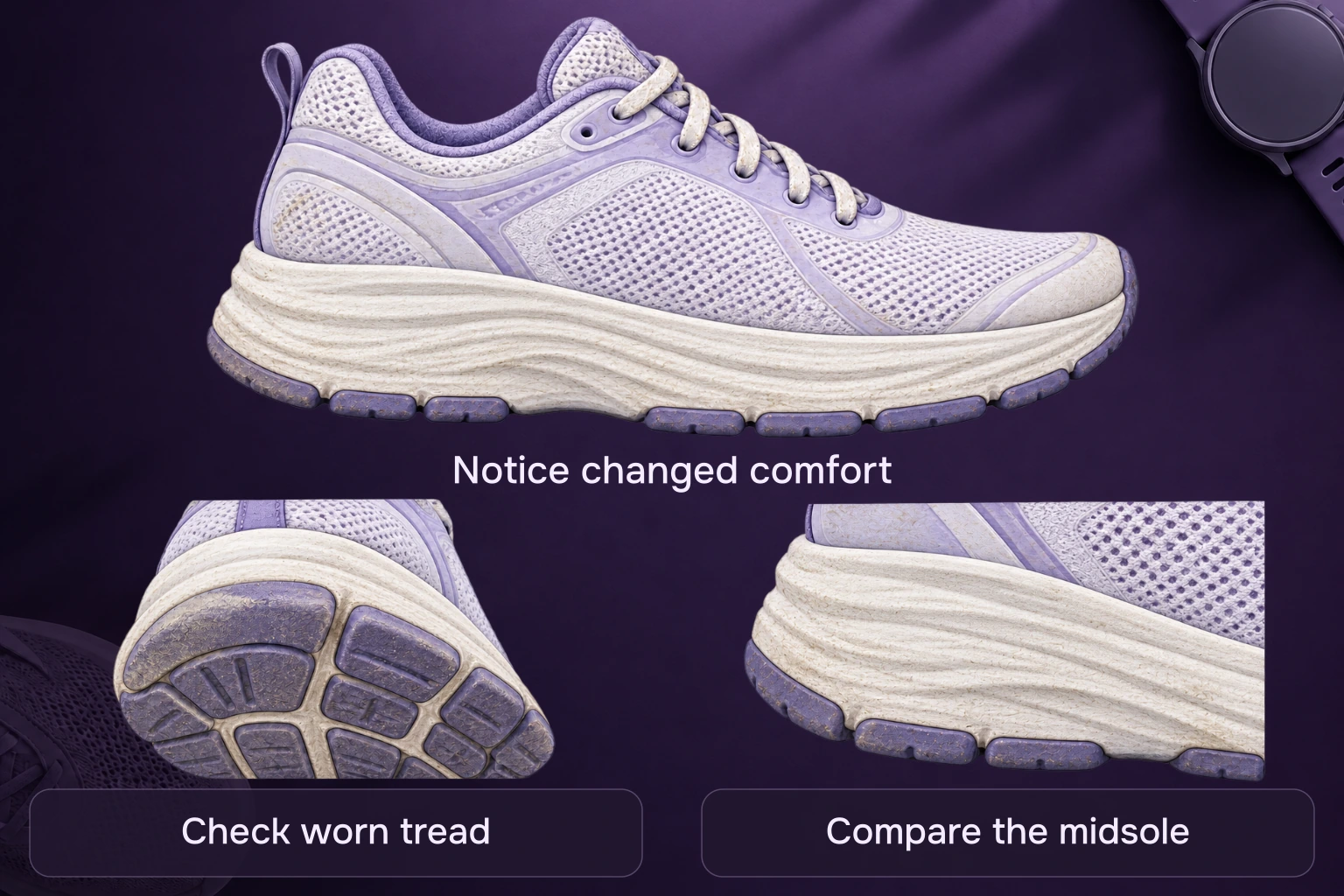 Inspection clues on a used running shoe: worn outsole rubber and a changed midsole, with a reminder to compare how the shoe feels.