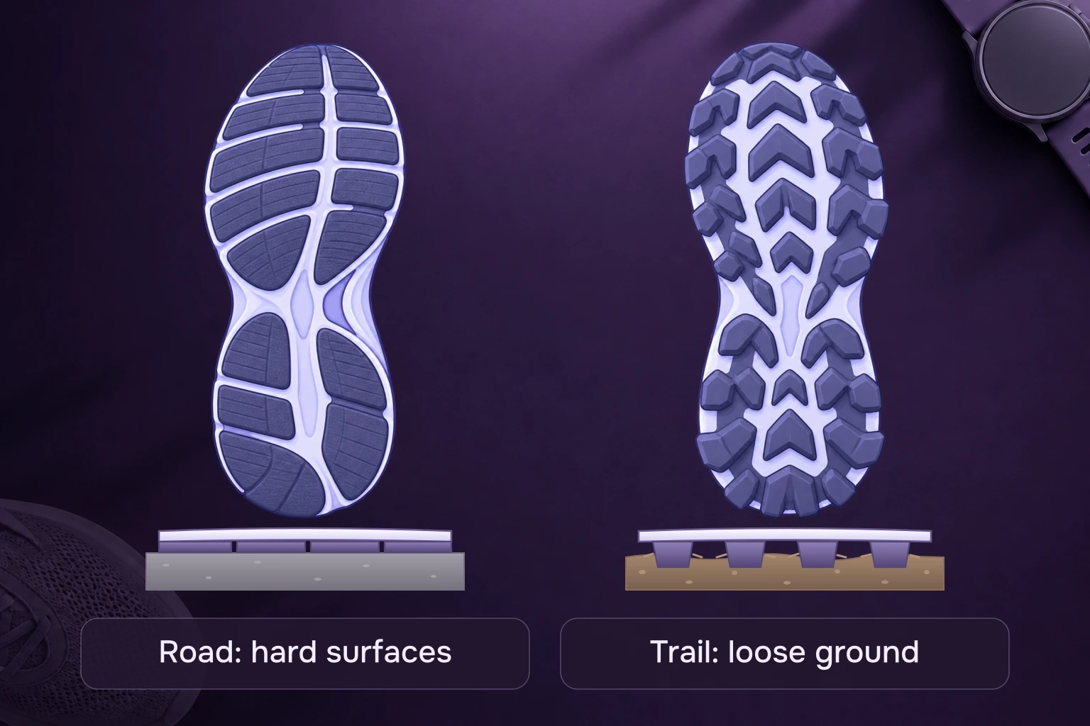 Road and trail outsoles compared: shallow road tread contacts pavement, while spaced trail lugs press into soft dirt.