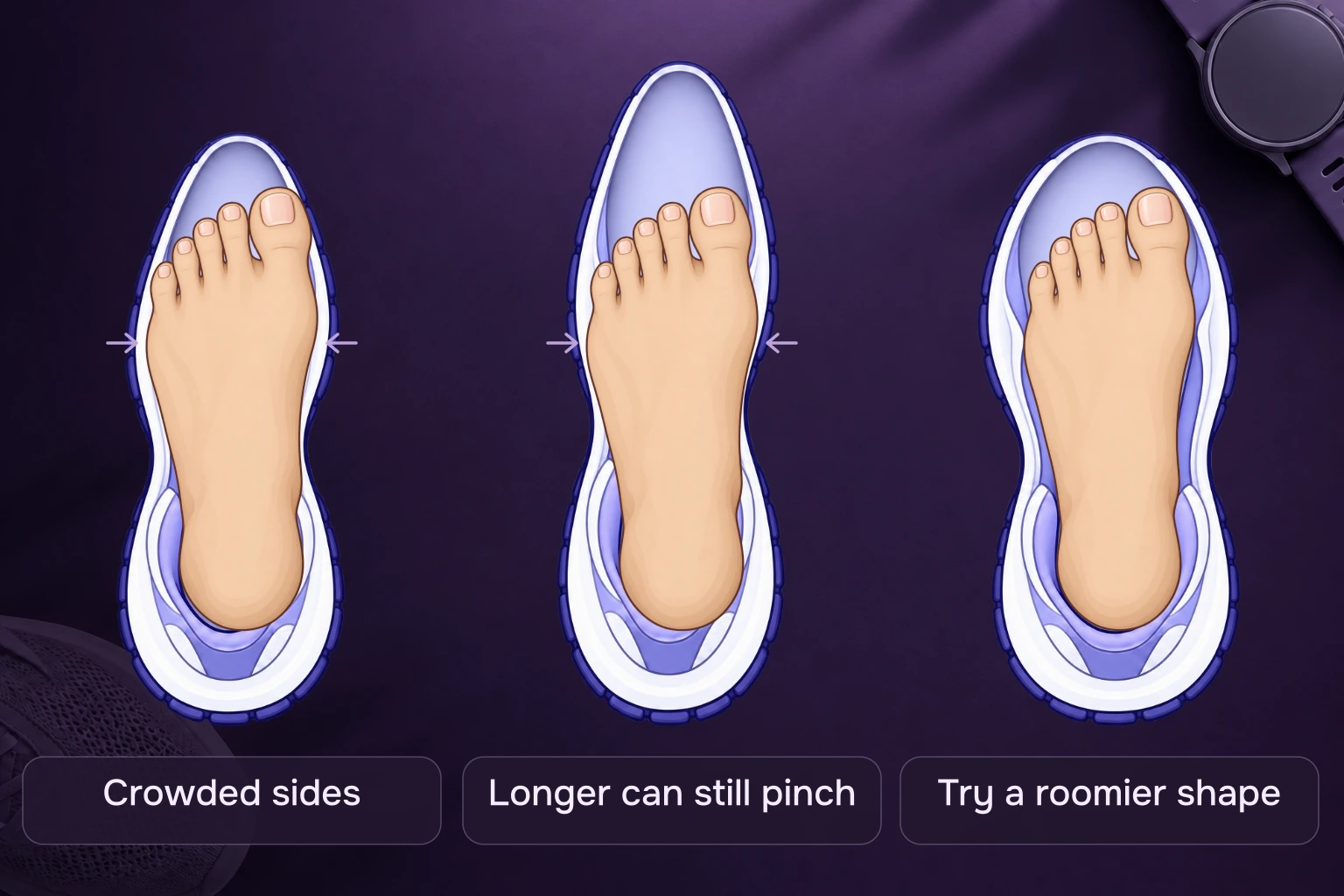 The same foot in three shoes: crowded at the sides, still crowded in a longer narrow shoe, and given more side room in a suitably sized roomier shape.