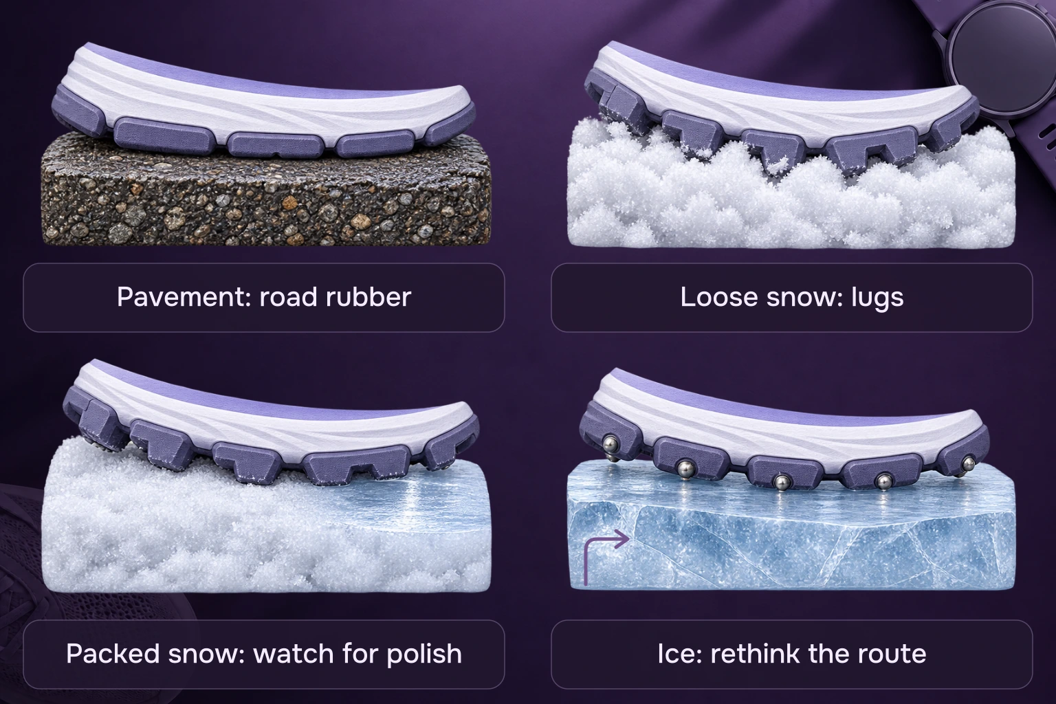 Four winter surfaces: road rubber on cleared pavement, lugs in loose snow, packed snow with a polished slippery patch, and metal studs on ice beside a route-detour cue.
