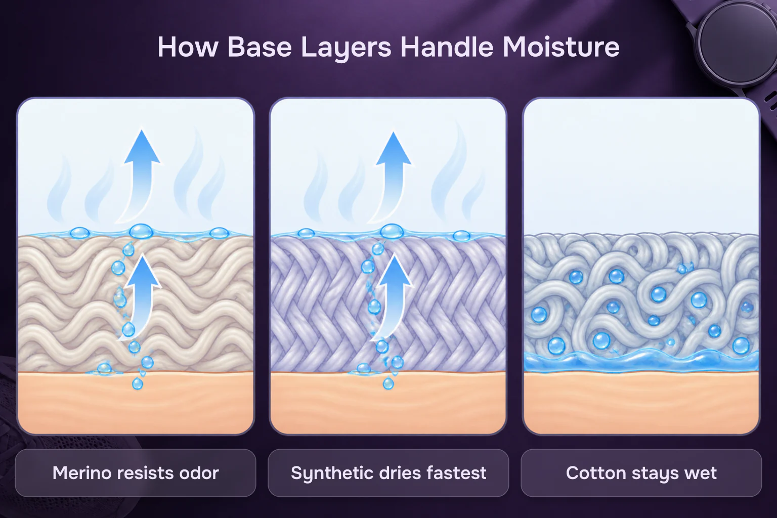 How base layers handle moisture: in merino and synthetic fabric, droplets travel up through the knit and leave the surface as vapour, while cotton traps the water inside the layer and stays wet.
