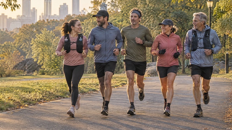 Five runners in gear moving together along a park path.
