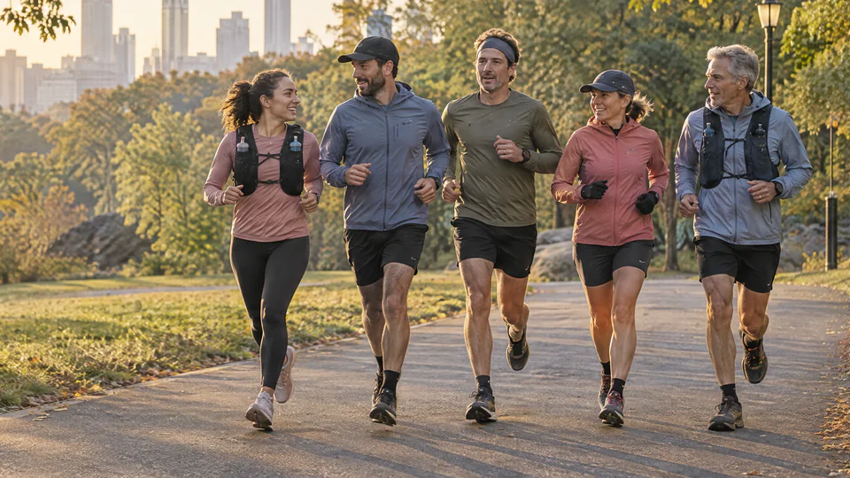 Five runners in gear moving together along a park path.