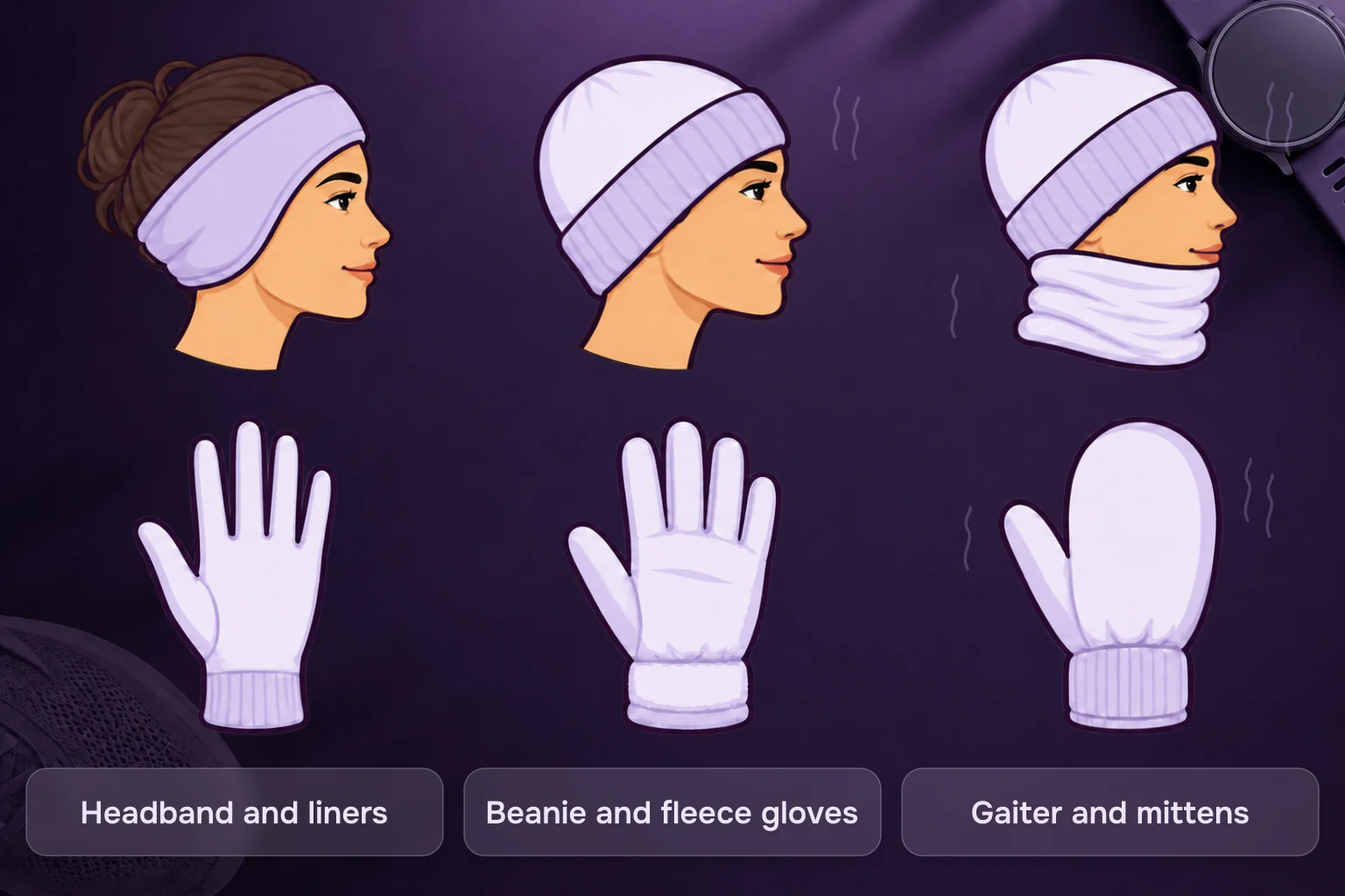 Three warmth steps for head and hands: a headband with liner gloves for cool mornings, a beanie with fleece gloves for cold, and a beanie with a neck gaiter and mittens for deep cold.