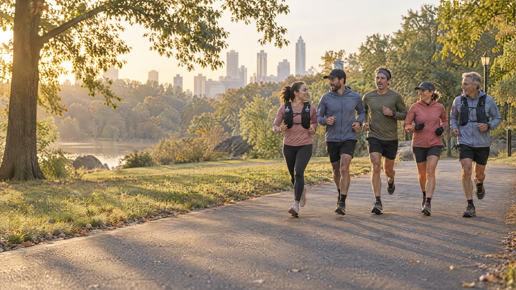 A group of five runners training together on a park path in warm morning light.