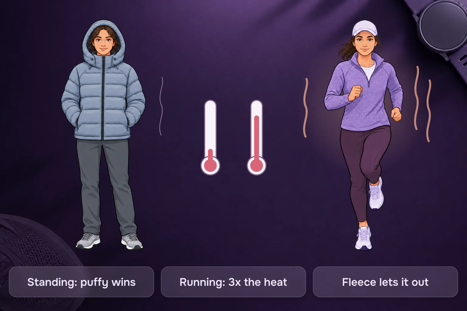 A person standing in a puffy jacket with one thin heat line and a low thermometer, beside a runner in a vented fleece with three heat lines and a higher thermometer: standing still the puffy wins, while running throws off roughly three times the heat and needs a layer that lets it out.