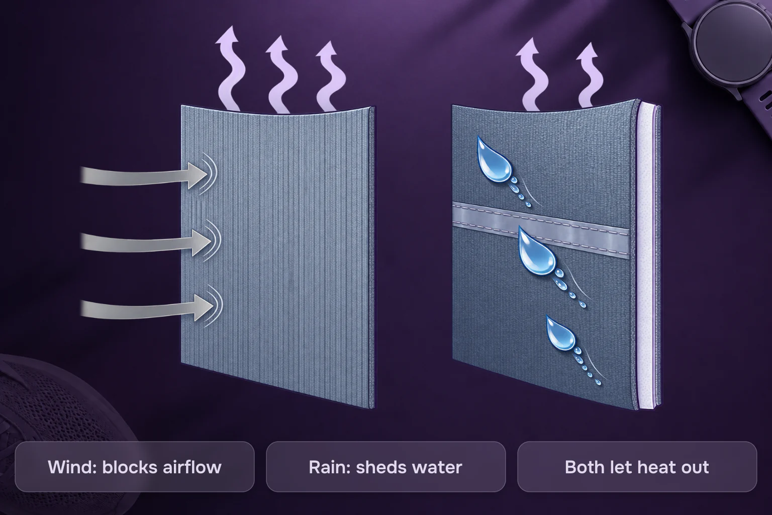 Two fabric panels side by side: the wind shell stops straight airflow arrows at the surface while vapour still rises away from it, and the rain shell sheds beaded water droplets off its outer face past a taped seam, with vapour escaping too.