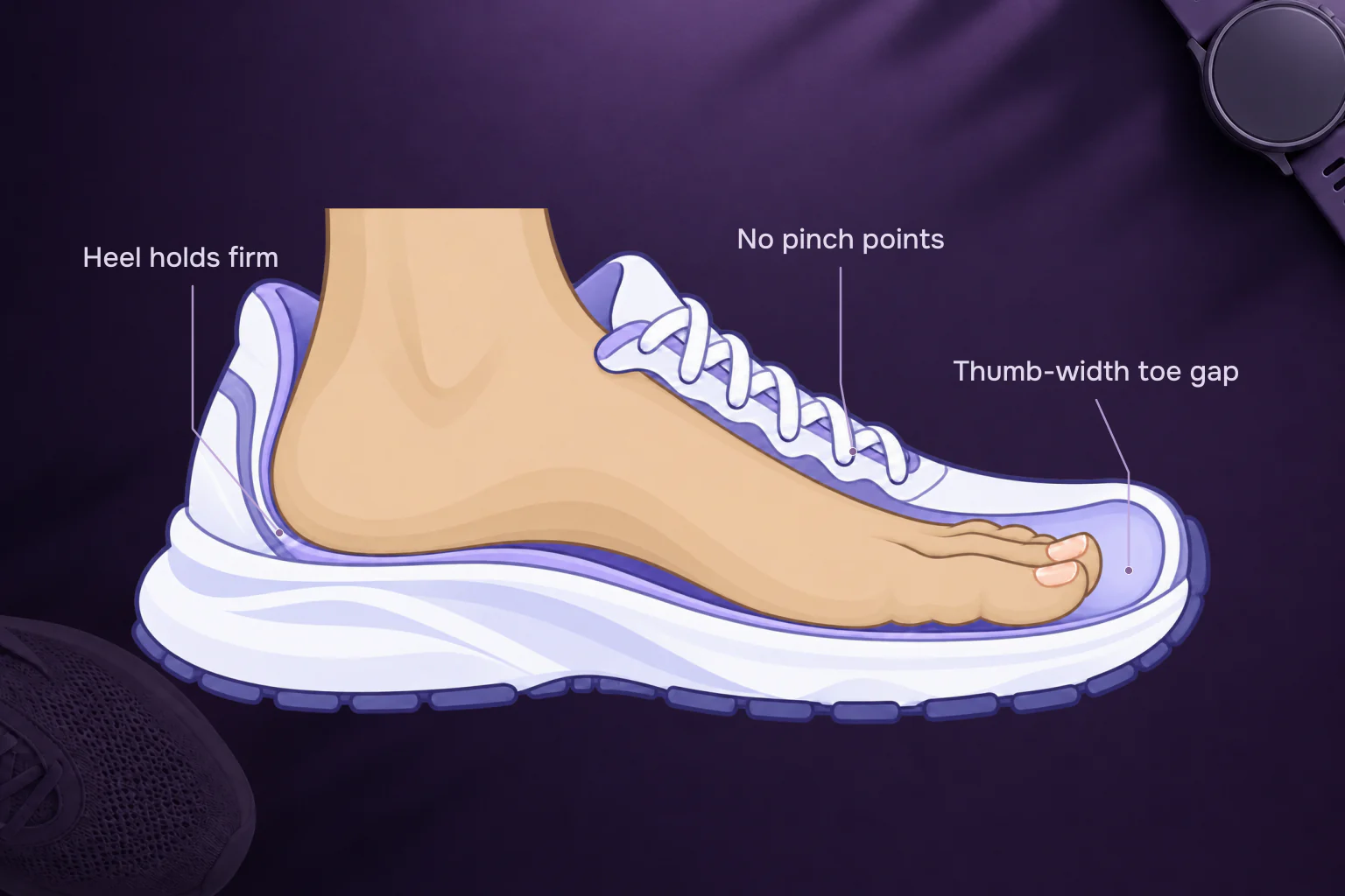 Cutaway of a running shoe with the foot inside, labelled: the heel holds firm at the back, there are no pinch points along the lacing, and a thumb-width gap stays between the longest toe and the front of the shoe.