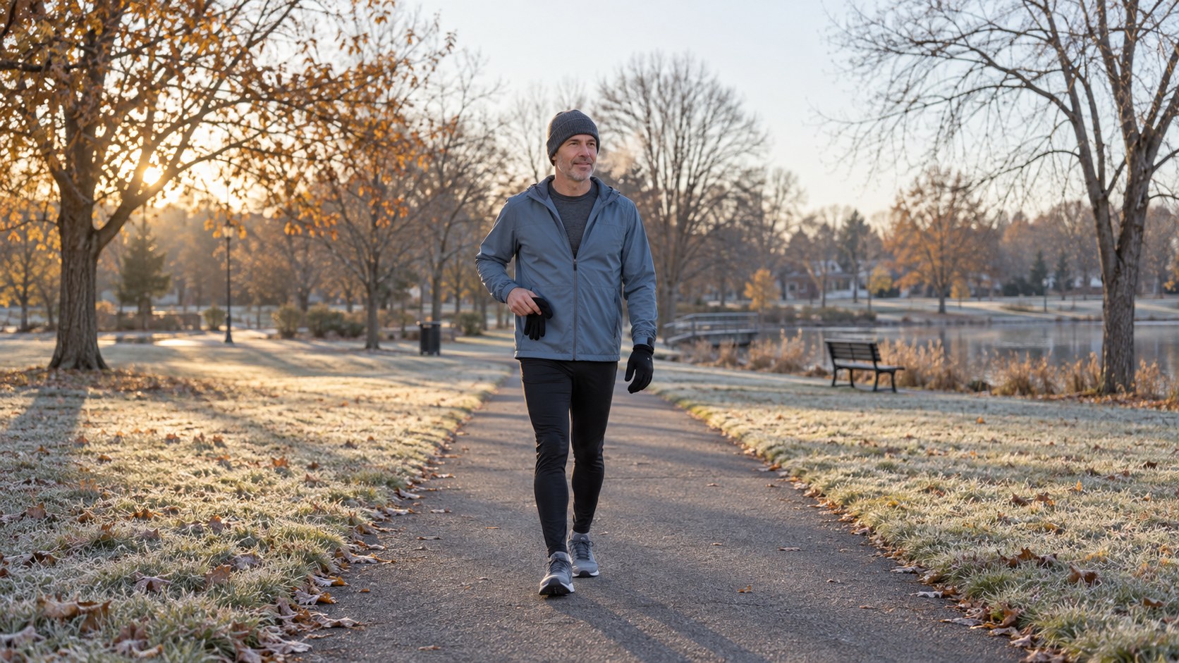 A runner in a beanie walks along a frosty park path on a cold, sunny morning, holding the glove he just took off.