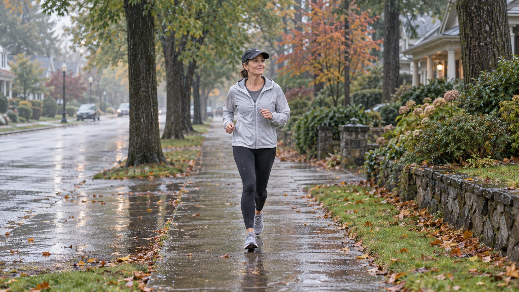 A woman in a brimmed cap and light rain jacket jogs along a wet, leaf-strewn neighborhood sidewalk in steady autumn rain.