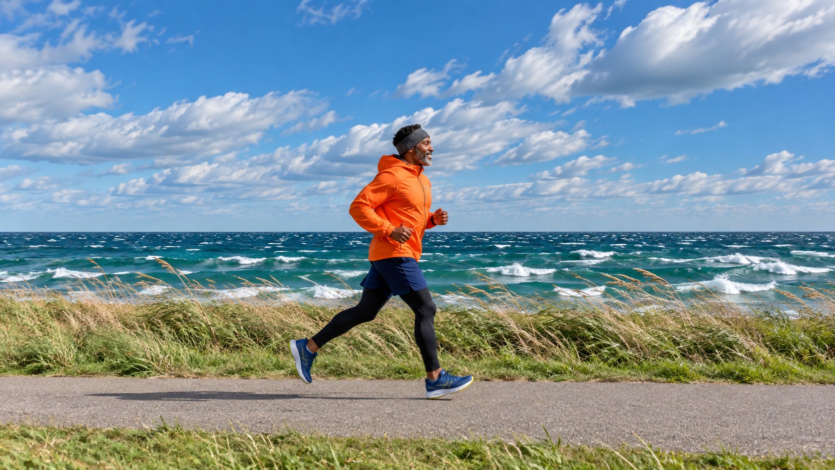 A man in an orange windbreaker and ear band runs along a lakeshore path on a bright, windy day, with whitecaps and bending grass behind him.