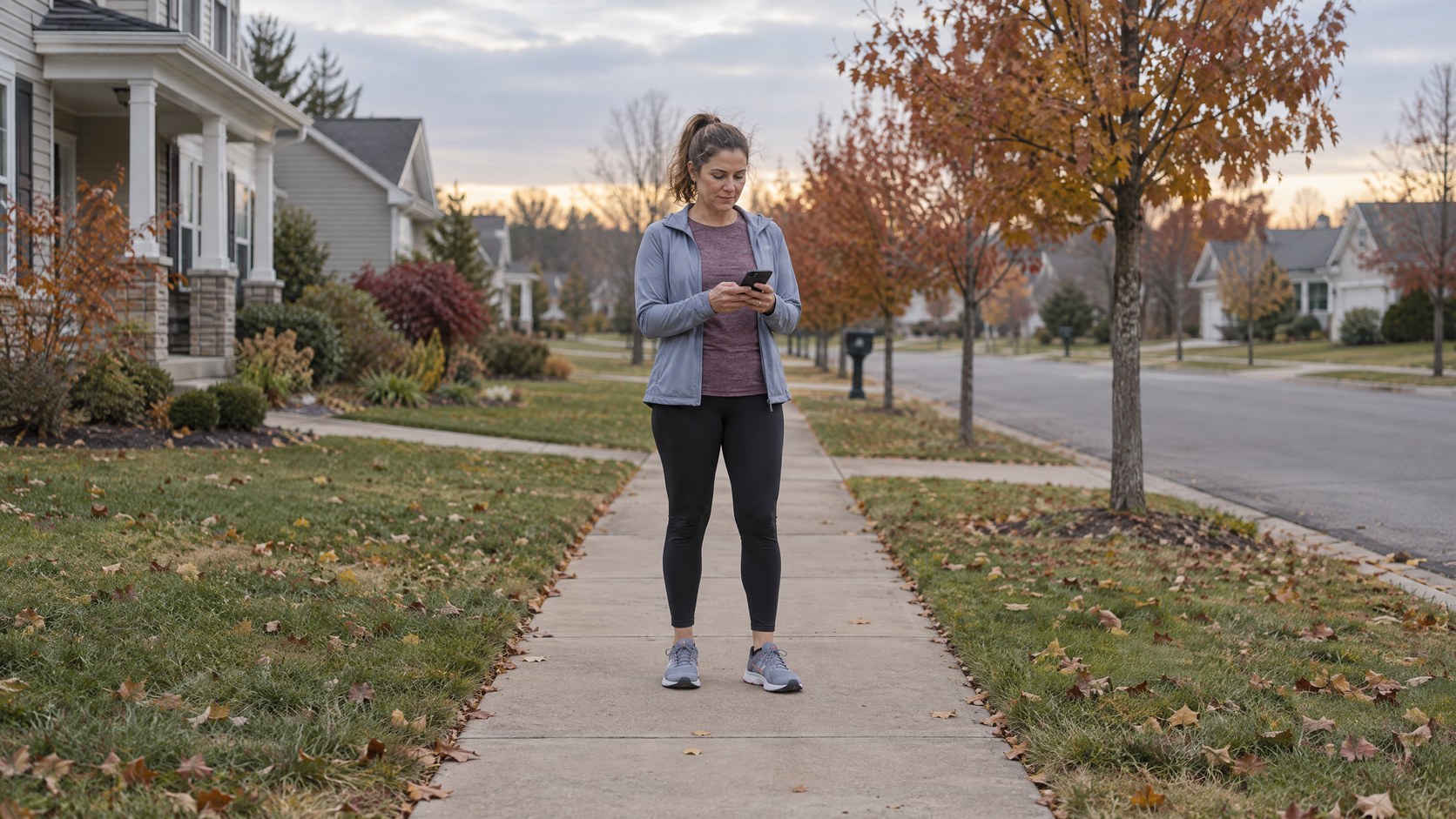 A woman in running clothes checks her phone on a suburban sidewalk before heading out on an autumn morning.