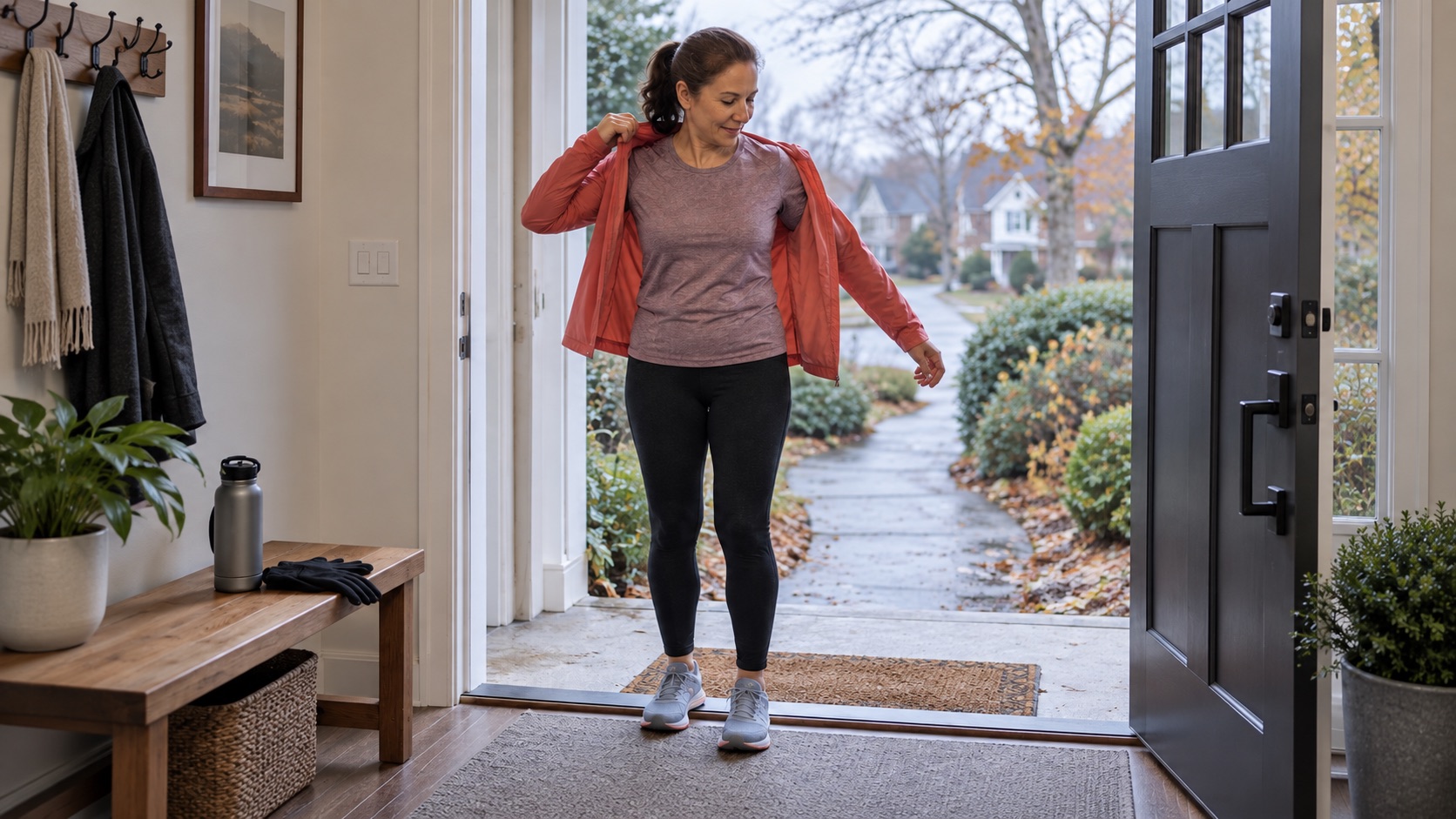 A woman puts on a light running jacket before heading outside in cool weather.